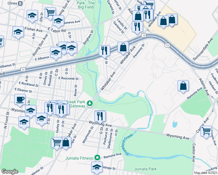map of restaurants, bars, coffee shops, grocery stores, and more near 4962 Pennway Street in Philadelphia