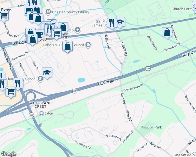 map of restaurants, bars, coffee shops, grocery stores, and more near Exton Bypass in Exton