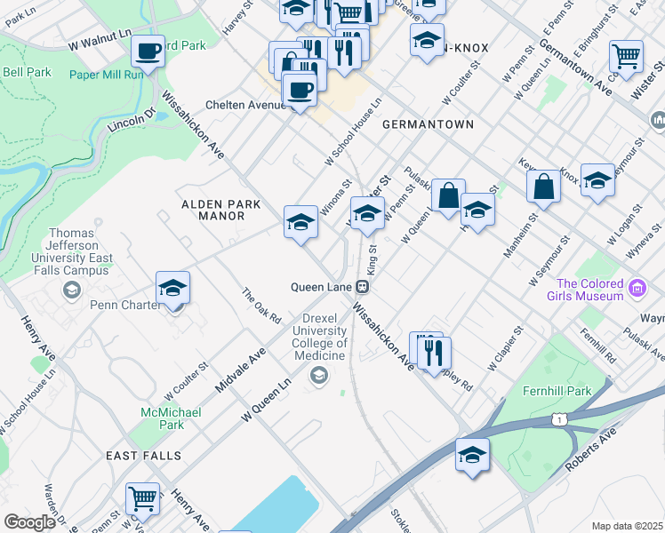 map of restaurants, bars, coffee shops, grocery stores, and more near 5351 Wissahickon Avenue in Philadelphia