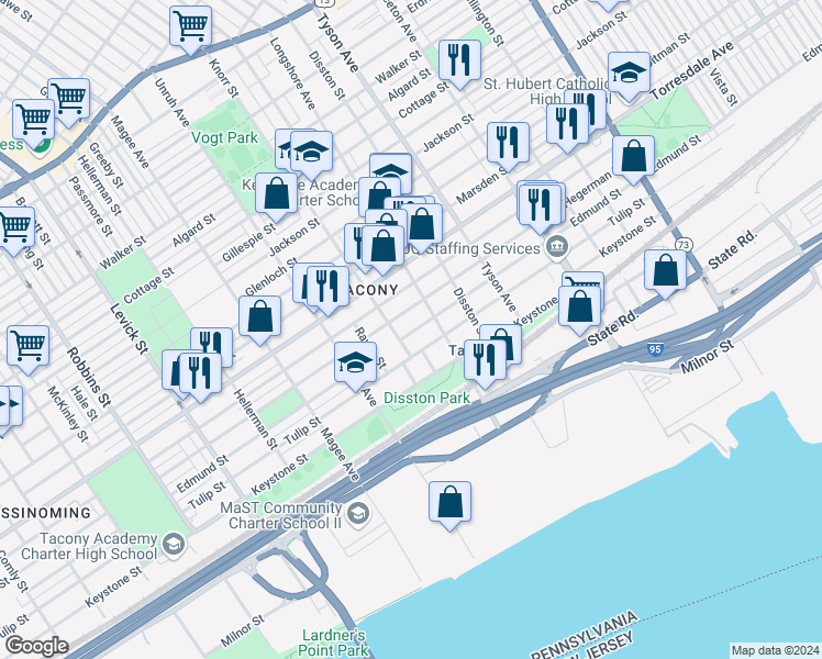 map of restaurants, bars, coffee shops, grocery stores, and more near 6812 Edmund Street in Philadelphia