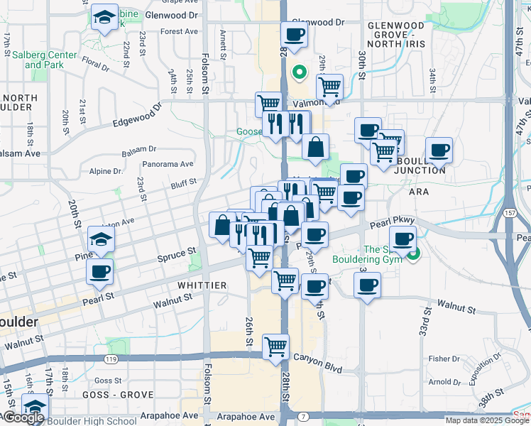 map of restaurants, bars, coffee shops, grocery stores, and more near 2727 Pine Street in Boulder