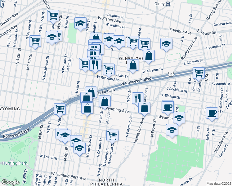 map of restaurants, bars, coffee shops, grocery stores, and more near 253 West Loudon Street in Philadelphia