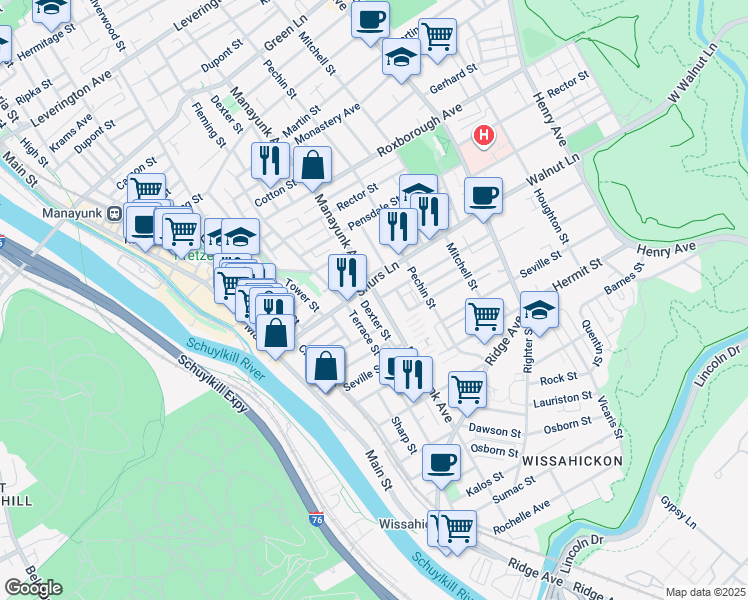 map of restaurants, bars, coffee shops, grocery stores, and more near 4080 Manayunk Avenue in Philadelphia