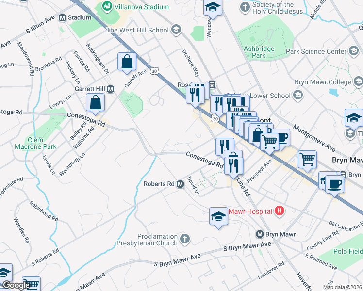 map of restaurants, bars, coffee shops, grocery stores, and more near 18 Arthur Road in Bryn Mawr