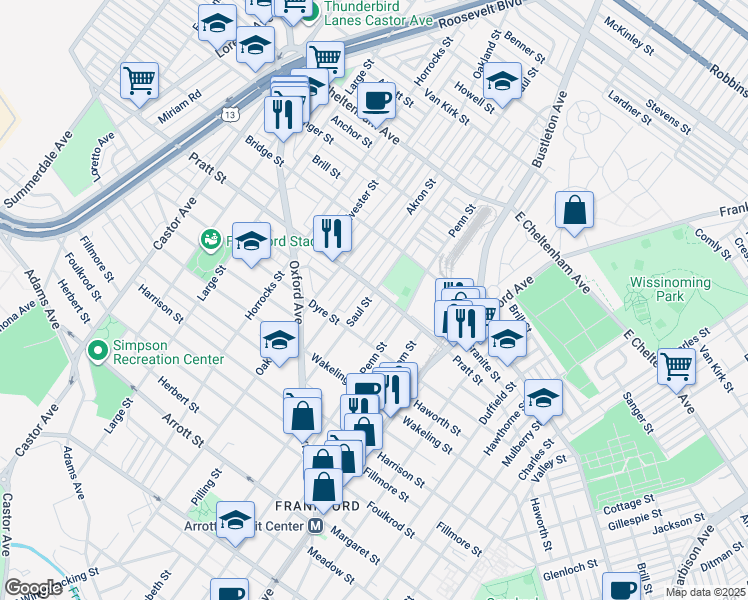 map of restaurants, bars, coffee shops, grocery stores, and more near 5159 Saul Street in Philadelphia