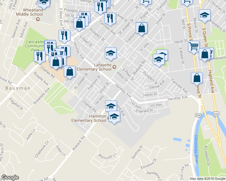 map of restaurants, bars, coffee shops, grocery stores, and more near 420 Hershey Avenue in Lancaster