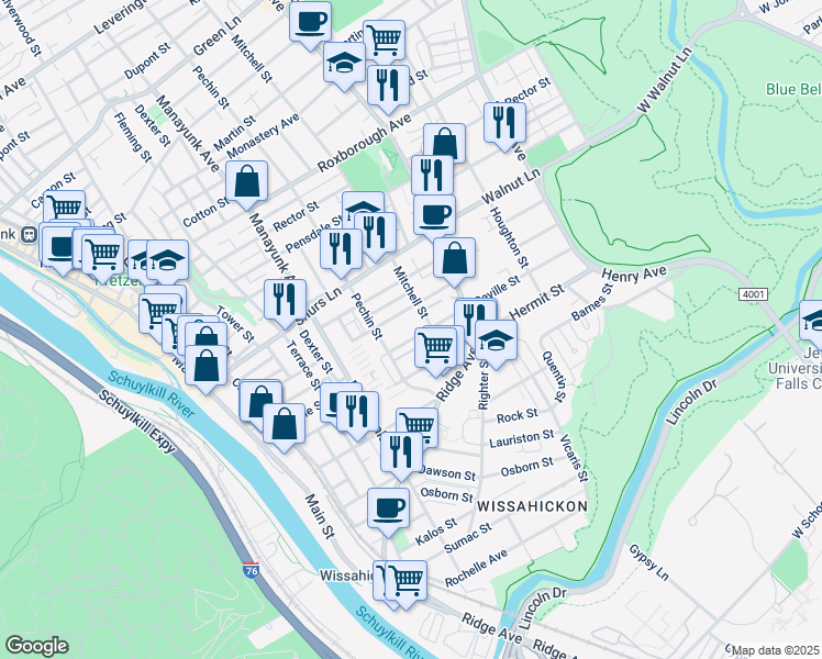 map of restaurants, bars, coffee shops, grocery stores, and more near 430 Seville Street in Philadelphia