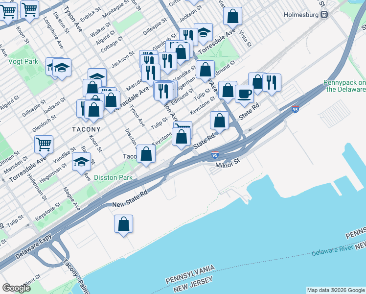 map of restaurants, bars, coffee shops, grocery stores, and more near 4957 Princeton Avenue in Philadelphia