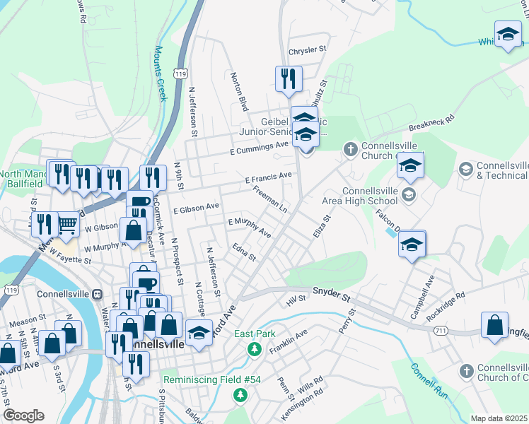 map of restaurants, bars, coffee shops, grocery stores, and more near 700 Park Street in Connellsville