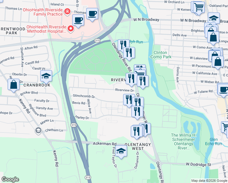 map of restaurants, bars, coffee shops, grocery stores, and more near 593 Riverview Drive in Columbus