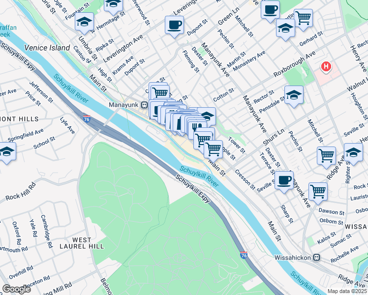 map of restaurants, bars, coffee shops, grocery stores, and more near 4313-17 Main Street in Philadelphia