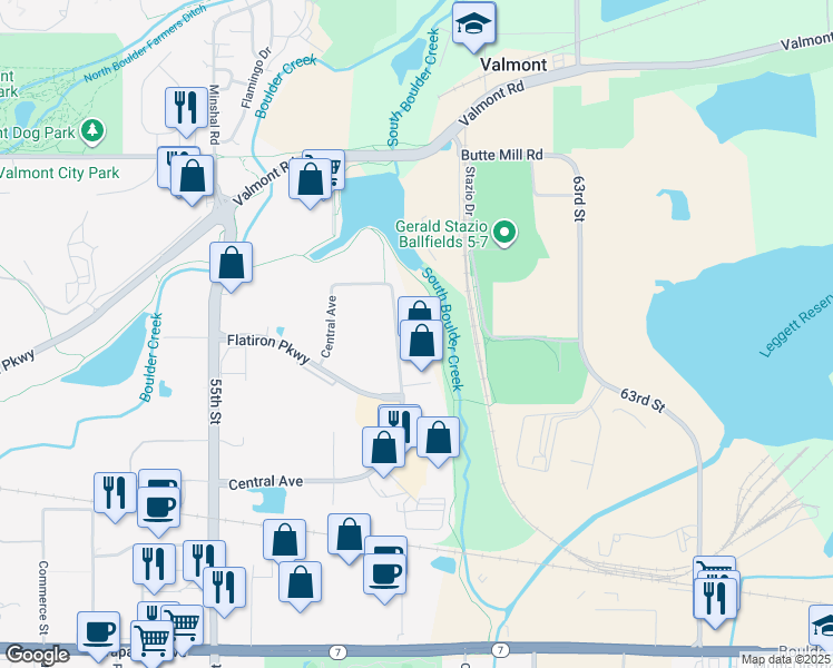 map of restaurants, bars, coffee shops, grocery stores, and more near 2500 Central Ave in Boulder