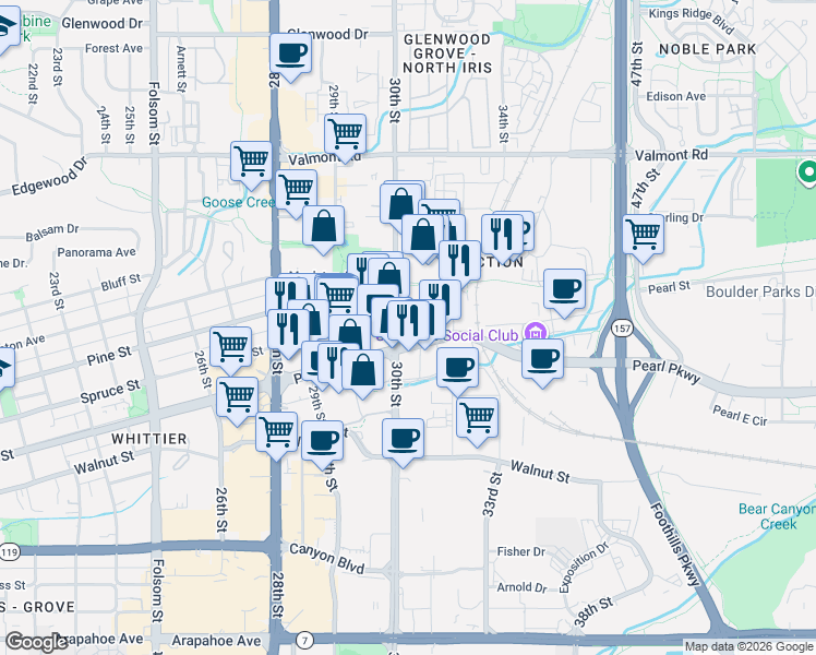 map of restaurants, bars, coffee shops, grocery stores, and more near 2291 31st Street in Boulder
