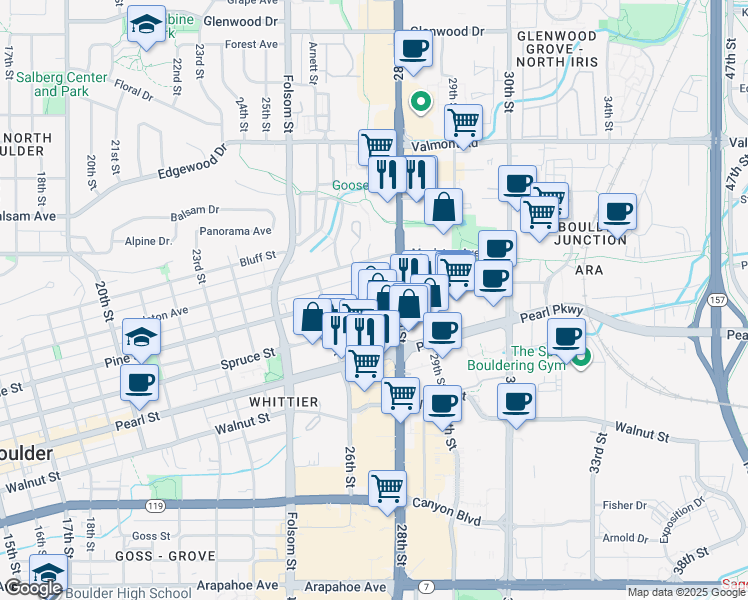 map of restaurants, bars, coffee shops, grocery stores, and more near 2727 Pine Street in Boulder