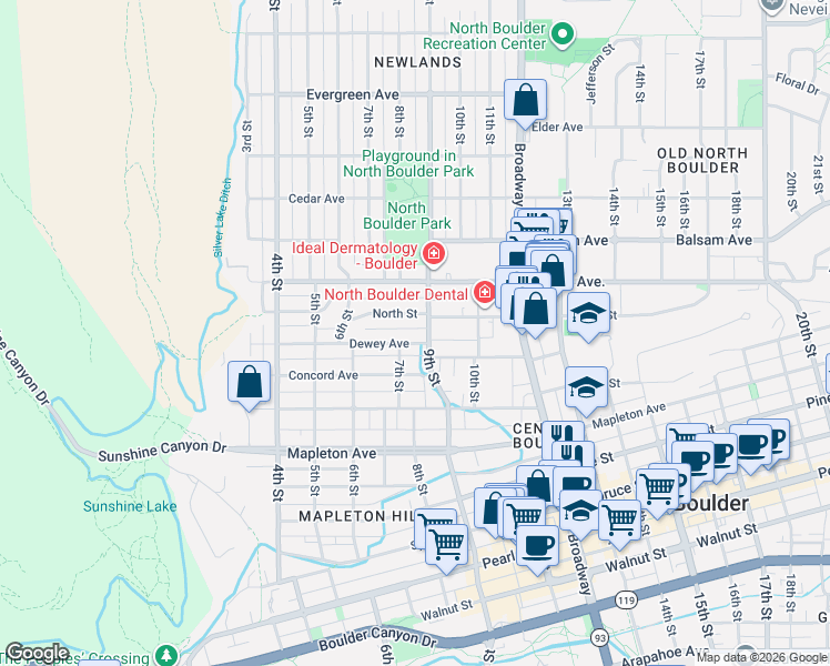 map of restaurants, bars, coffee shops, grocery stores, and more near 752 North Street in Boulder