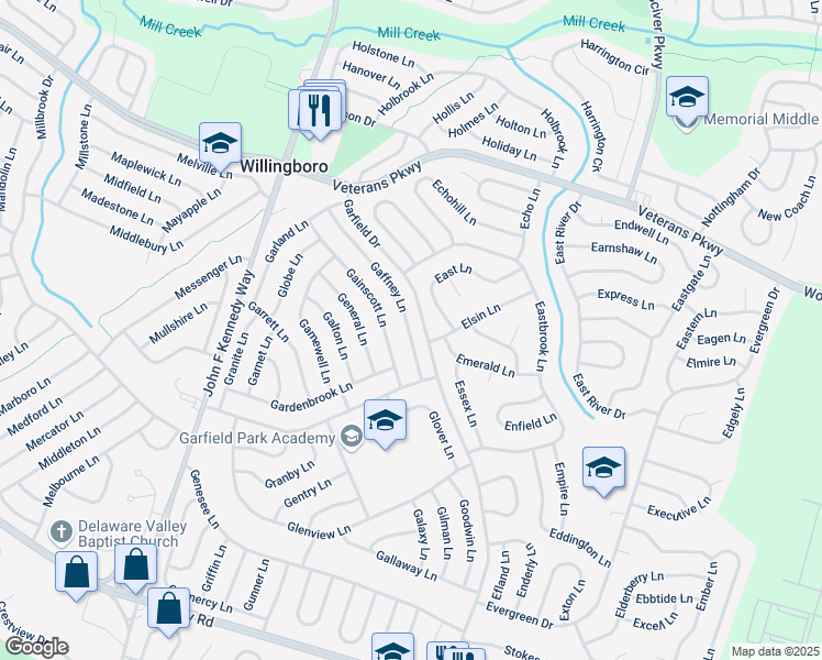 map of restaurants, bars, coffee shops, grocery stores, and more near 32 Gaffney Lane in Willingboro