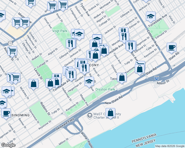 map of restaurants, bars, coffee shops, grocery stores, and more near 6744 Vandike Street in Philadelphia