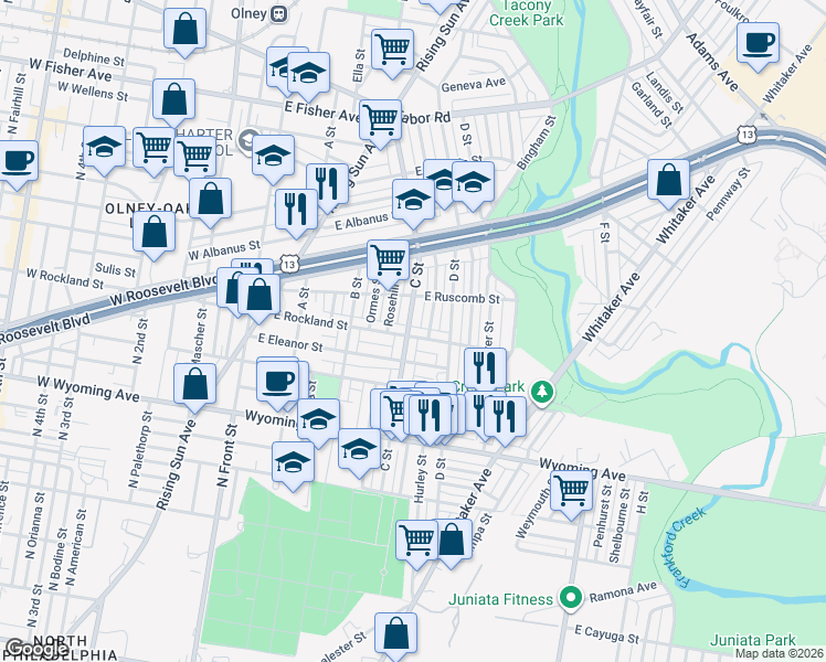 map of restaurants, bars, coffee shops, grocery stores, and more near 4928 Boudinot Street in Philadelphia
