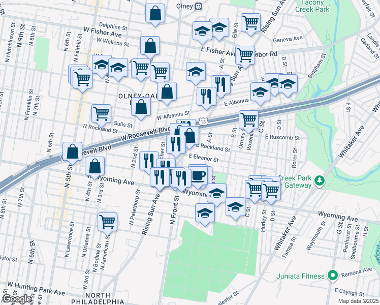 map of restaurants, bars, coffee shops, grocery stores, and more near 4847 Rising Sun Avenue in Philadelphia