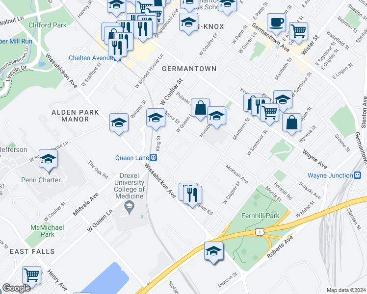 map of restaurants, bars, coffee shops, grocery stores, and more near 427 West Bringhurst Street in Philadelphia
