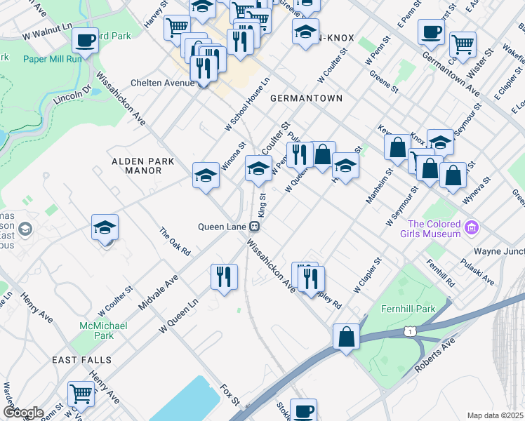 map of restaurants, bars, coffee shops, grocery stores, and more near 5317R Laurens Street in Philadelphia