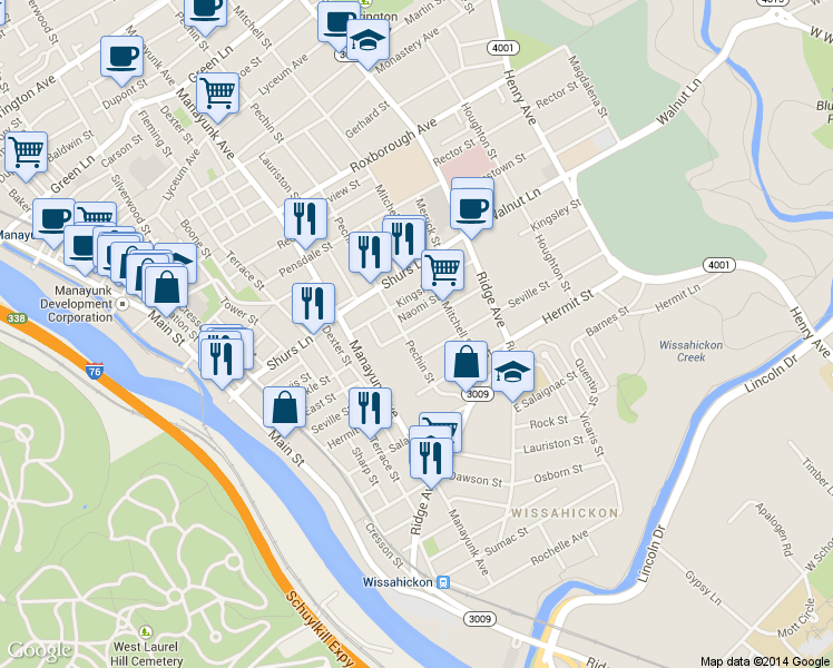 map of restaurants, bars, coffee shops, grocery stores, and more near 409 Naomi Street in Philadelphia