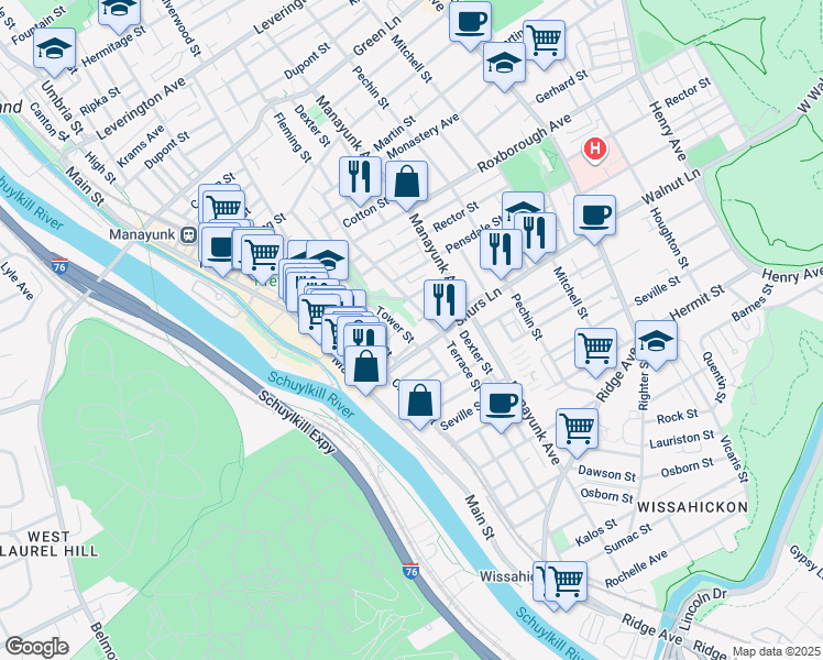 map of restaurants, bars, coffee shops, grocery stores, and more near 4125 Tower Street in Philadelphia