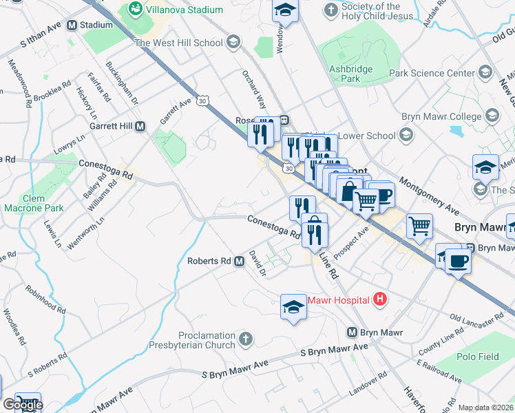 map of restaurants, bars, coffee shops, grocery stores, and more near 118 Montrose Avenue in Bryn Mawr