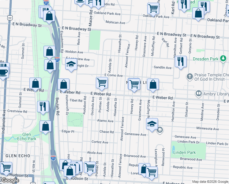 map of restaurants, bars, coffee shops, grocery stores, and more near 2894 Hiawatha Street in Columbus