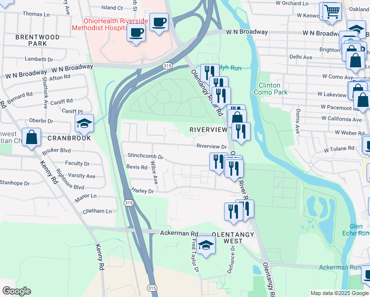 map of restaurants, bars, coffee shops, grocery stores, and more near 606 Riverview Drive in Columbus