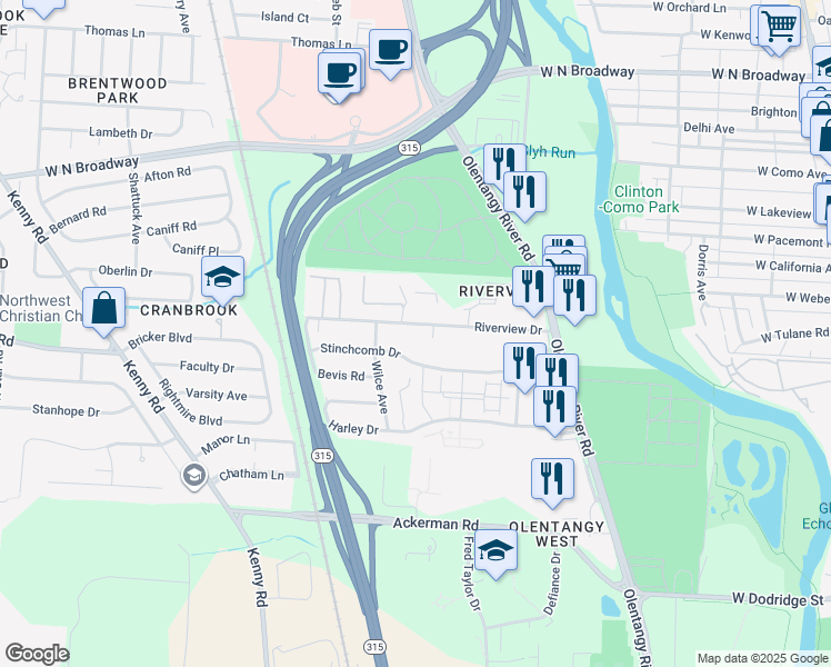 map of restaurants, bars, coffee shops, grocery stores, and more near 654 Riverview Drive in Columbus