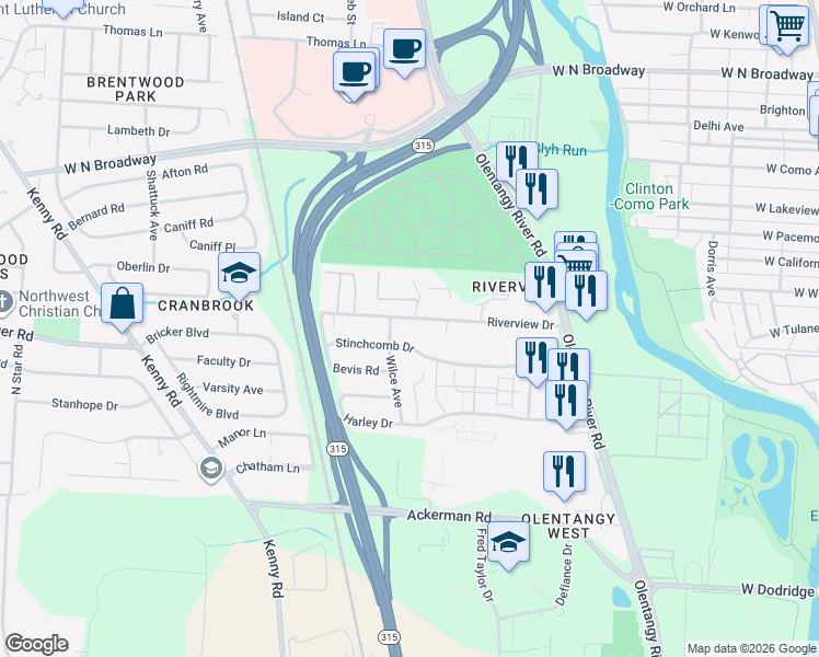 map of restaurants, bars, coffee shops, grocery stores, and more near 704 Riverview Drive in Columbus