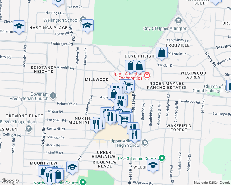 map of restaurants, bars, coffee shops, grocery stores, and more near 1735 Ardleigh Road in Upper Arlington