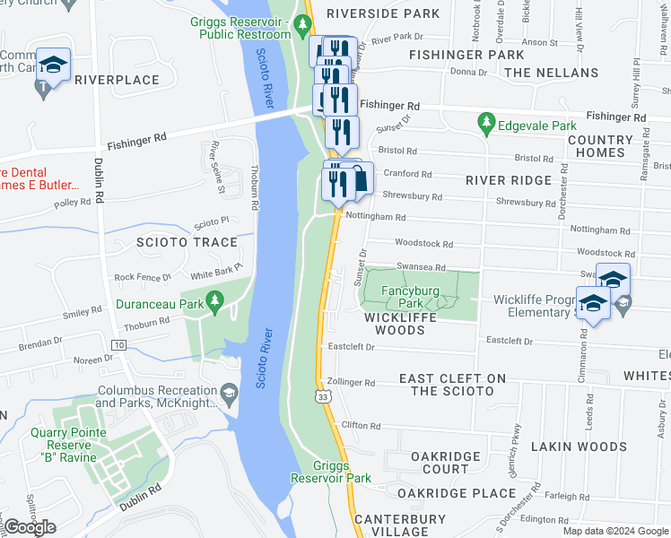 map of restaurants, bars, coffee shops, grocery stores, and more near 3500 Riverside Drive in Columbus