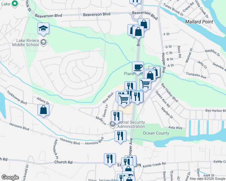 map of restaurants, bars, coffee shops, grocery stores, and more near 88 Riva Boulevard in Brick Township