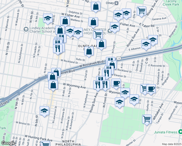 map of restaurants, bars, coffee shops, grocery stores, and more near 4824 North Palethorp Street in Philadelphia