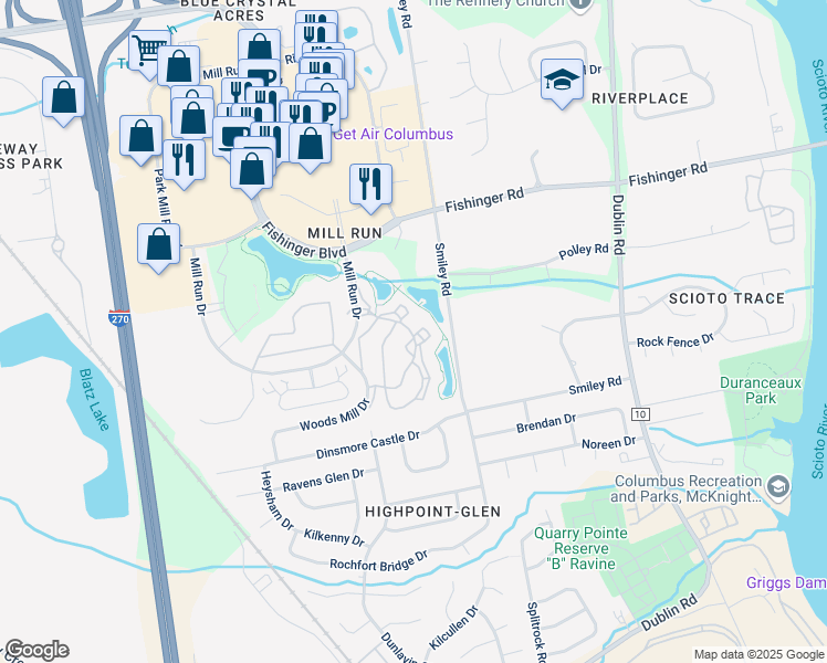 map of restaurants, bars, coffee shops, grocery stores, and more near 3496 Fishinger Mill Drive in Hilliard