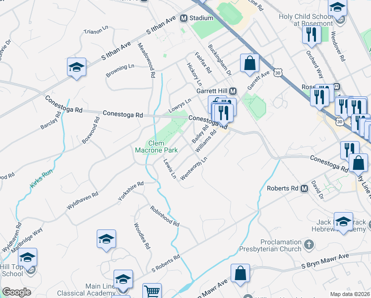 map of restaurants, bars, coffee shops, grocery stores, and more near 302 Bailey Road in Bryn Mawr