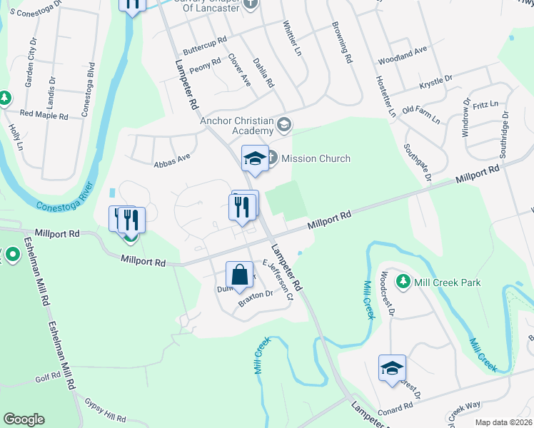 map of restaurants, bars, coffee shops, grocery stores, and more near 747 Lampeter Road in Lancaster