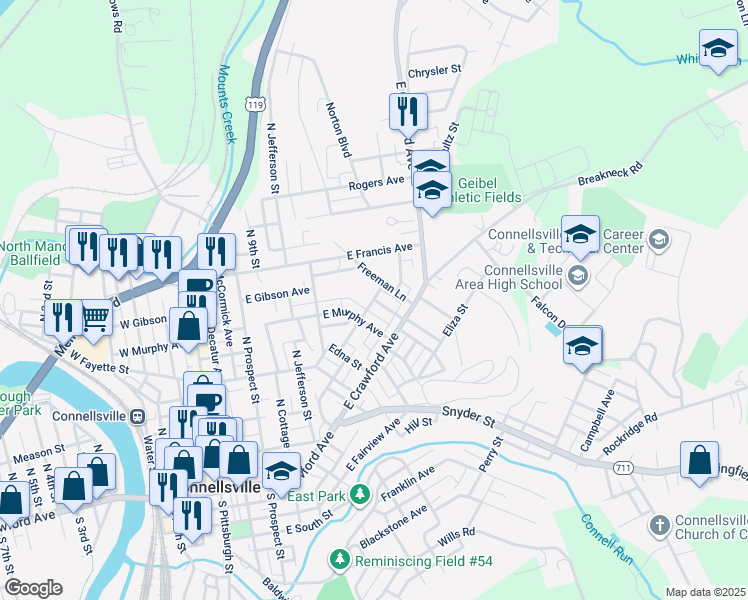map of restaurants, bars, coffee shops, grocery stores, and more near 700 Park Street in Connellsville