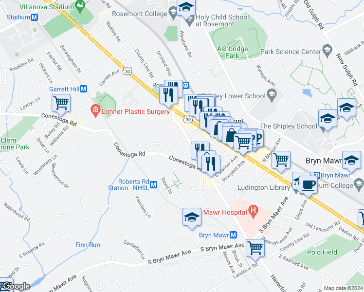 map of restaurants, bars, coffee shops, grocery stores, and more near 115 Montrose Avenue in Bryn Mawr