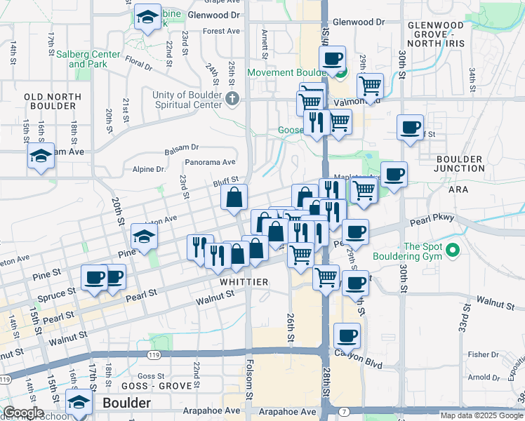 map of restaurants, bars, coffee shops, grocery stores, and more near 2552 Mapleton Avenue in Boulder