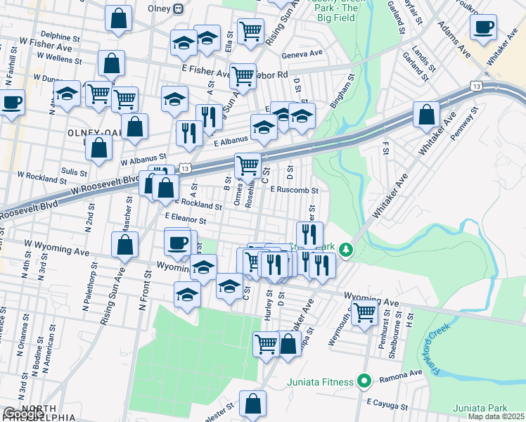 map of restaurants, bars, coffee shops, grocery stores, and more near 401 East Rockland Street in Philadelphia