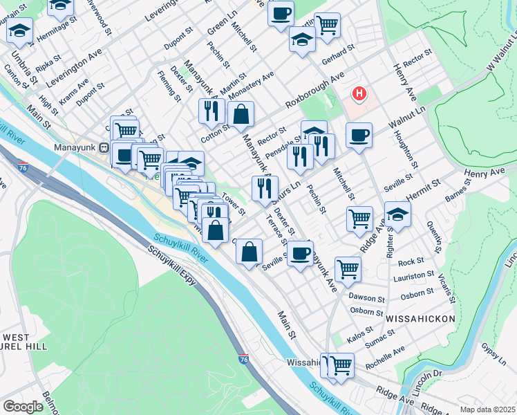 map of restaurants, bars, coffee shops, grocery stores, and more near 172 Shurs Lane in Philadelphia