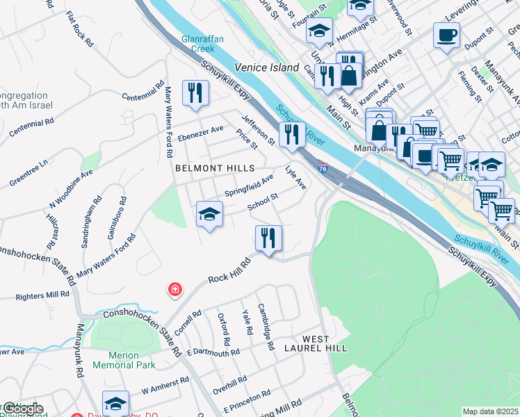 map of restaurants, bars, coffee shops, grocery stores, and more near 160 School Street in Bala Cynwyd