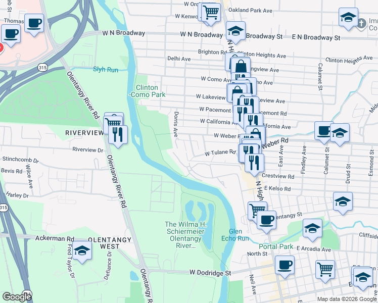map of restaurants, bars, coffee shops, grocery stores, and more near 3086 Sunset Drive in Columbus
