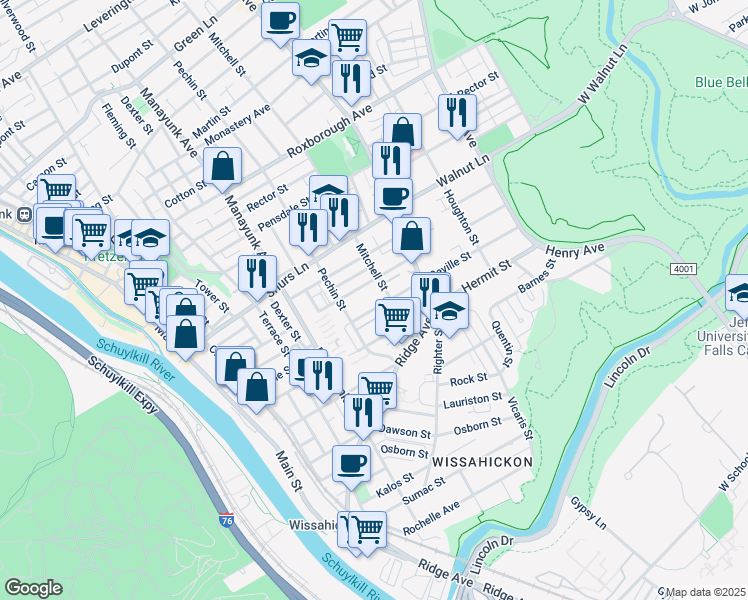 map of restaurants, bars, coffee shops, grocery stores, and more near 432 Seville Street in Philadelphia