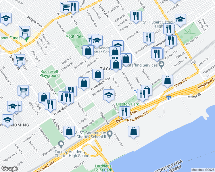 map of restaurants, bars, coffee shops, grocery stores, and more near 4718 Rawle Street in Philadelphia