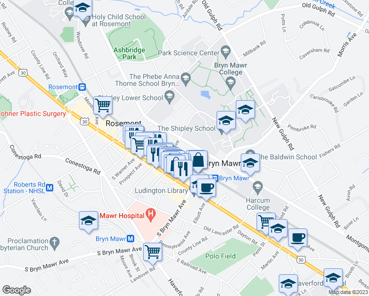 map of restaurants, bars, coffee shops, grocery stores, and more near 852 Montgomery Avenue in Bryn Mawr