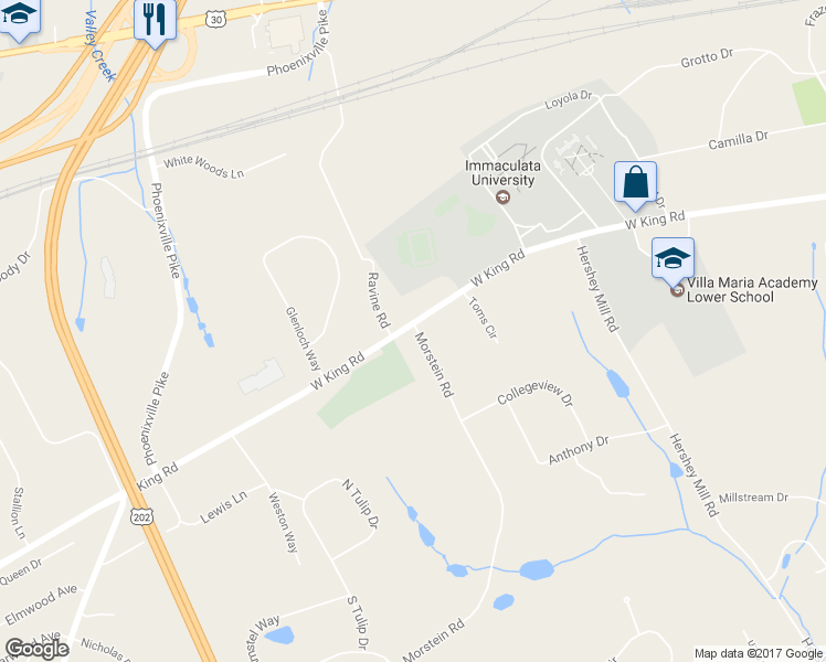 map of restaurants, bars, coffee shops, grocery stores, and more near 1244 West King Road in Malvern